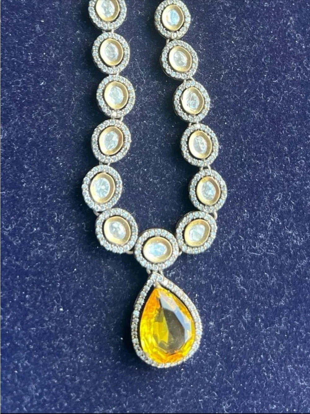 Gorgeous topaz 6.2CT tear drop antique gold plated necklace with clear crystals